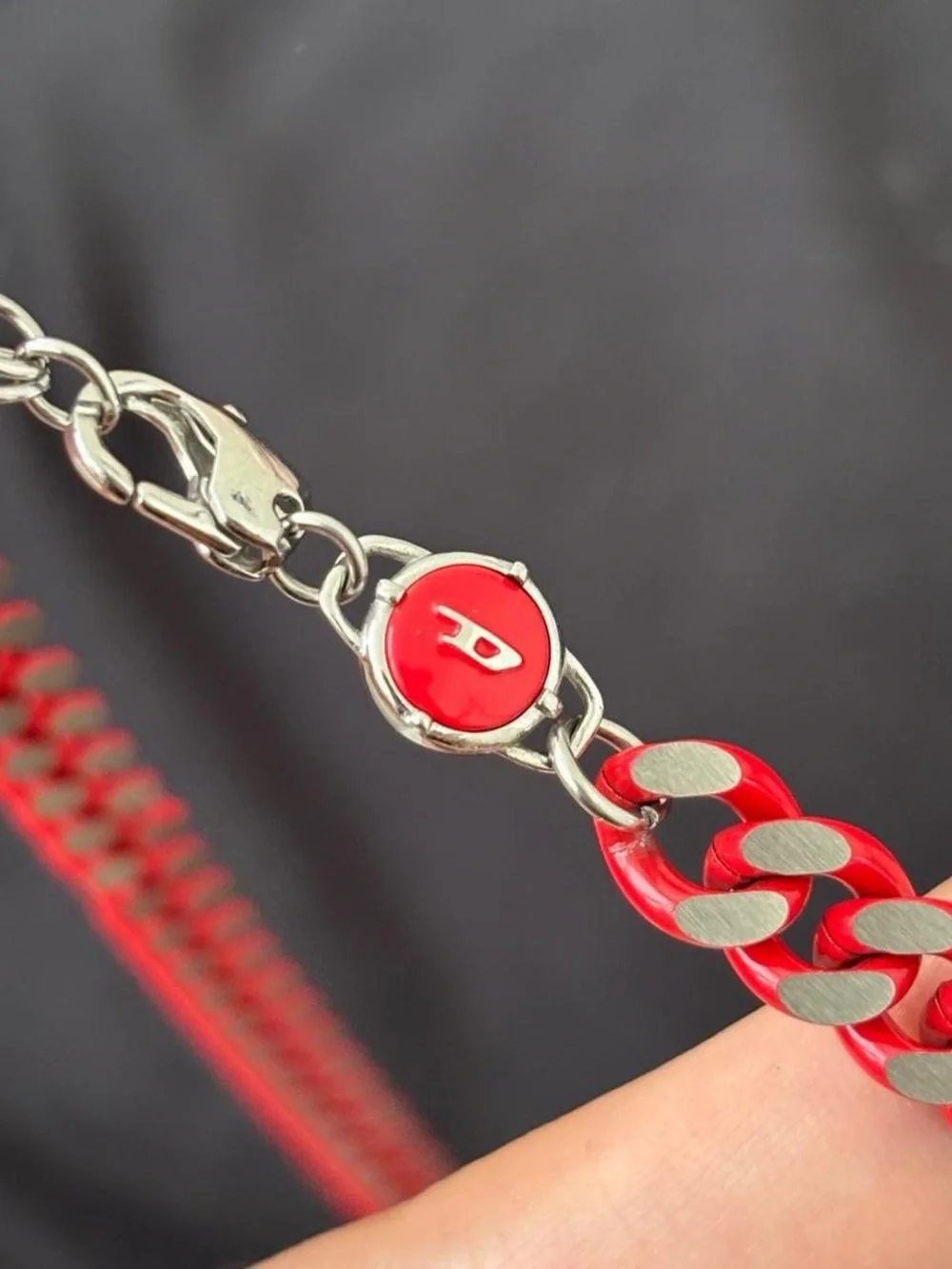 Diesel Red & Silver Curb Chain Necklace Y2K Logo Jewelry